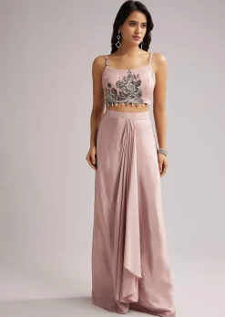 Onion Pink Floral Cape Set With Crop Top And Skirt