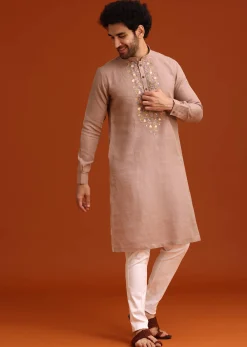 Onion Pink Floral Resham Hand Embroidered Kurta Set In Linen