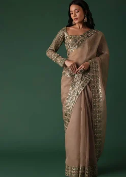Onion Pink Foil Printed Saree And Blouse In Organza