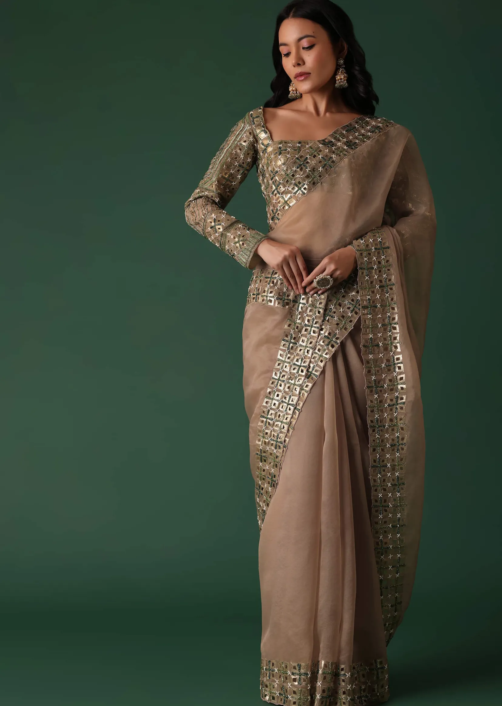 Onion Pink Foil Printed Saree And Blouse In Organza