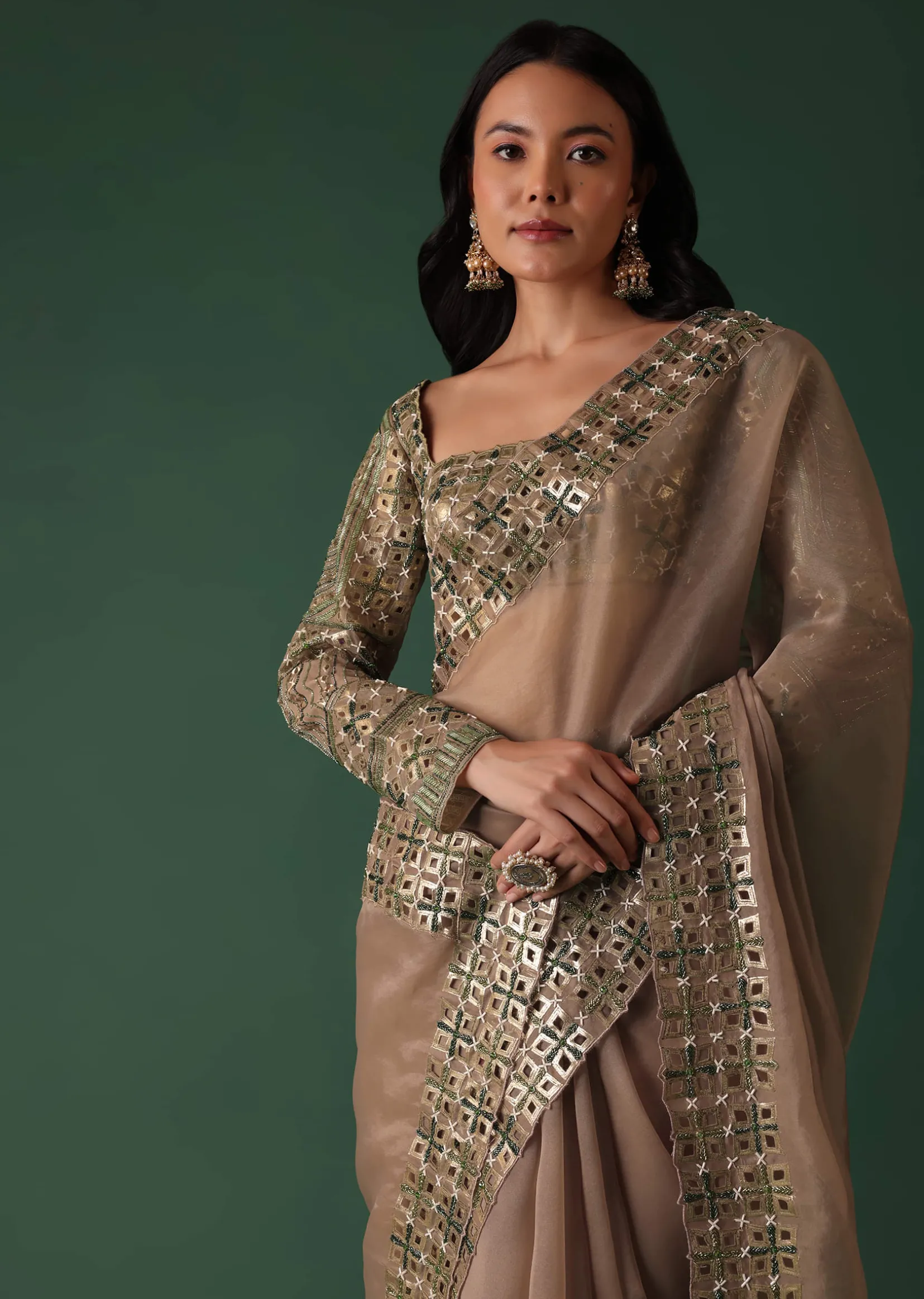 Onion Pink Foil Printed Saree And Blouse In Organza