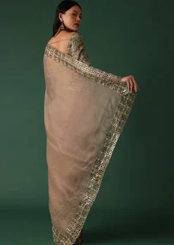 Onion Pink Foil Printed Saree And Blouse In Organza