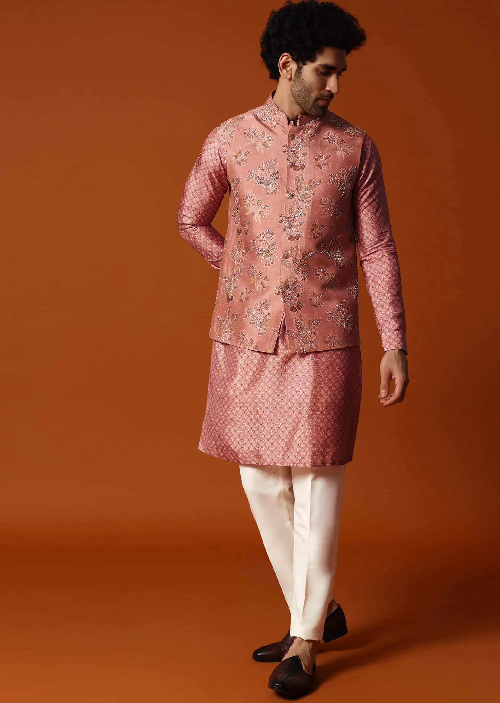 Onion Pink Kurta Jacket Set For Men