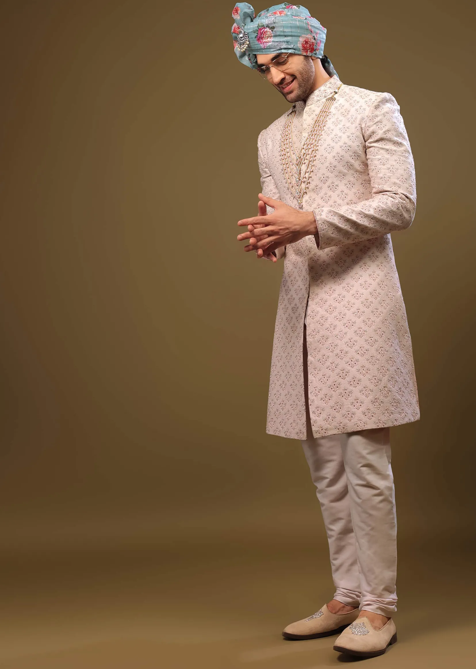 Onion Pink Lucknowi Sherwani Set With Zari And Stonework