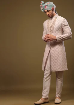 Onion Pink Lucknowi Sherwani Set With Zari And Stonework