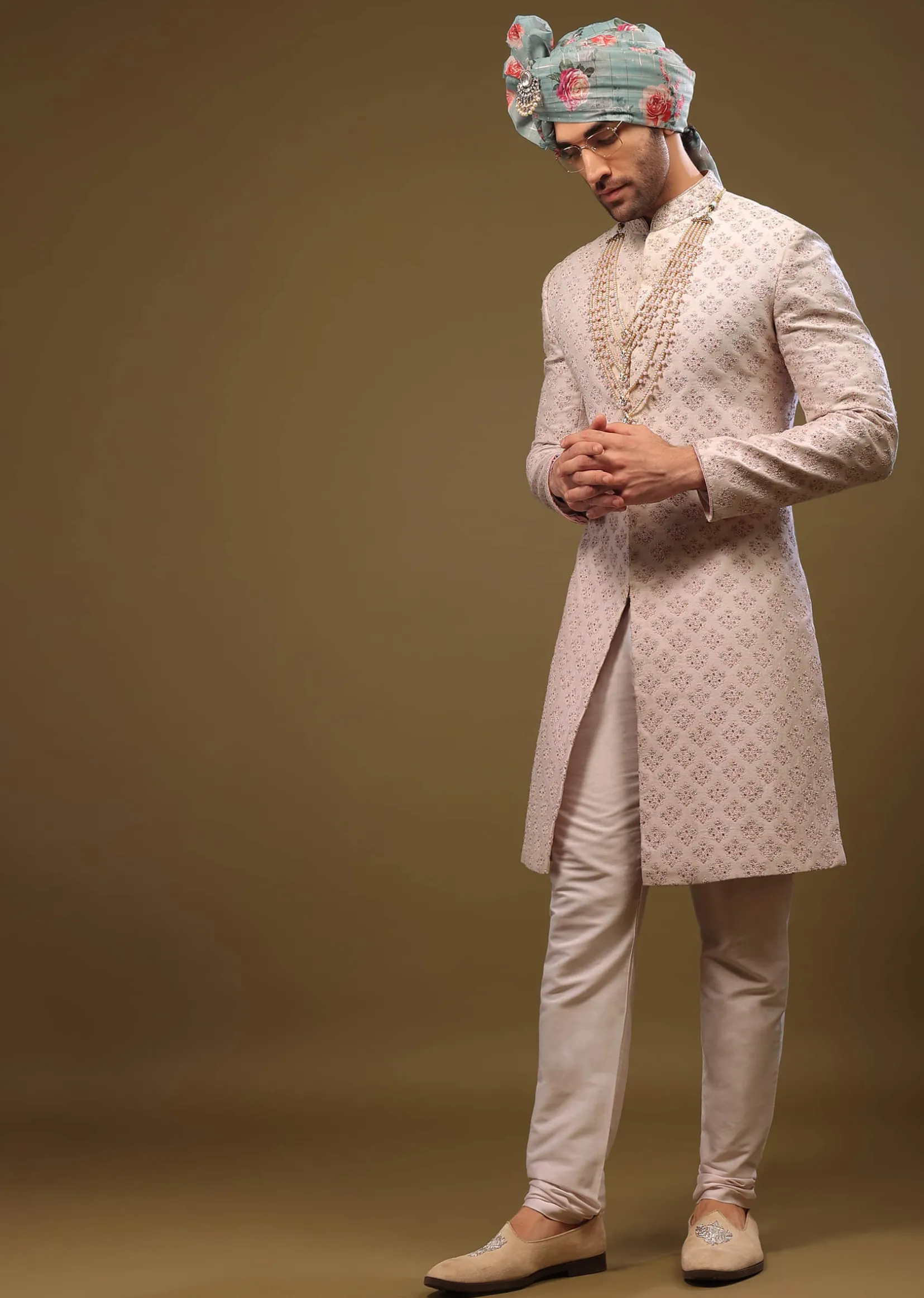 Onion Pink Lucknowi Sherwani Set With Zari And Stonework