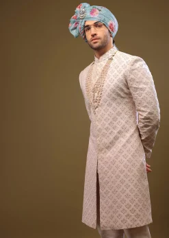 Onion Pink Lucknowi Sherwani Set With Zari And Stonework