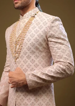 Onion Pink Lucknowi Sherwani Set With Zari And Stonework