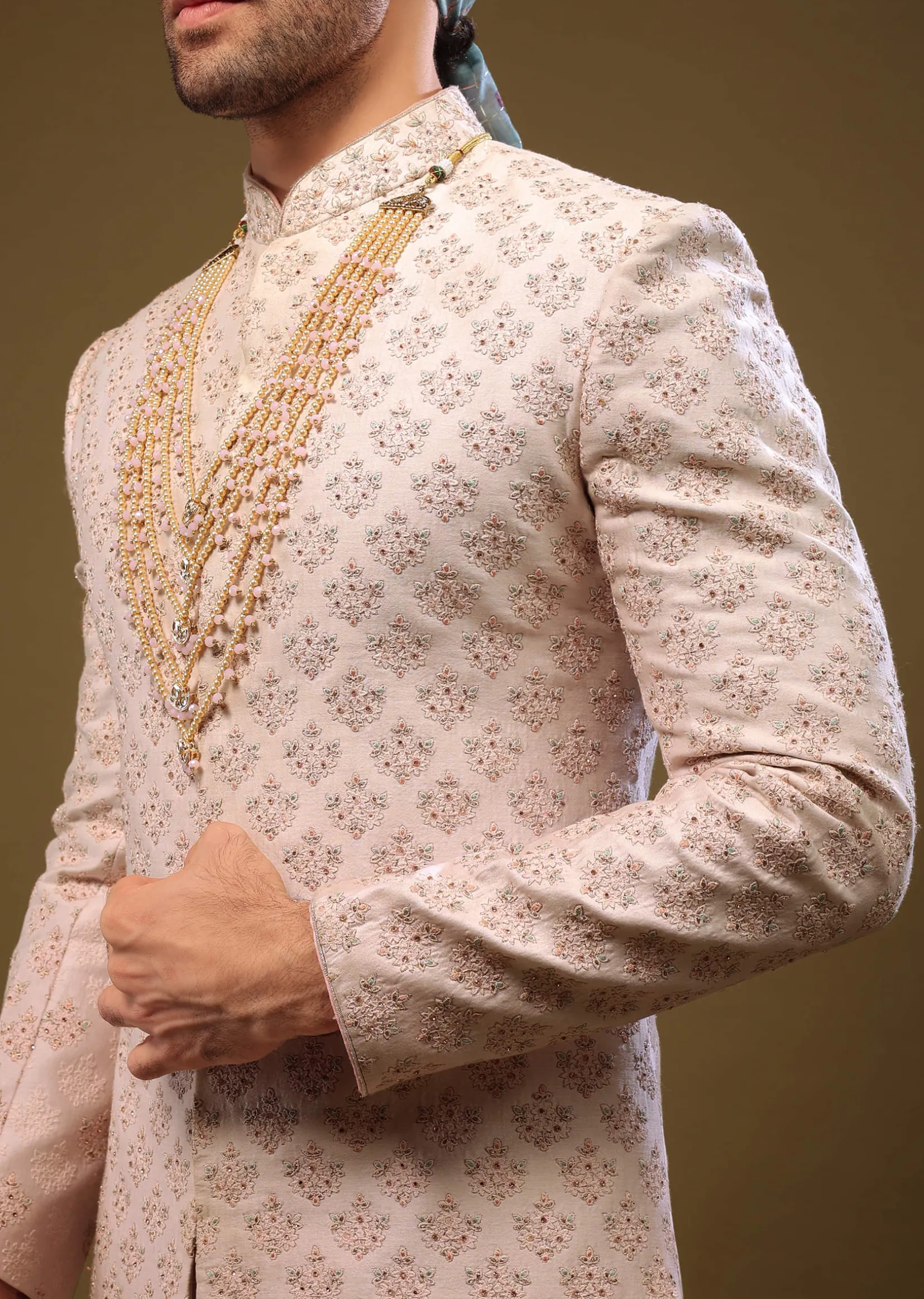 Onion Pink Lucknowi Sherwani Set With Zari And Stonework