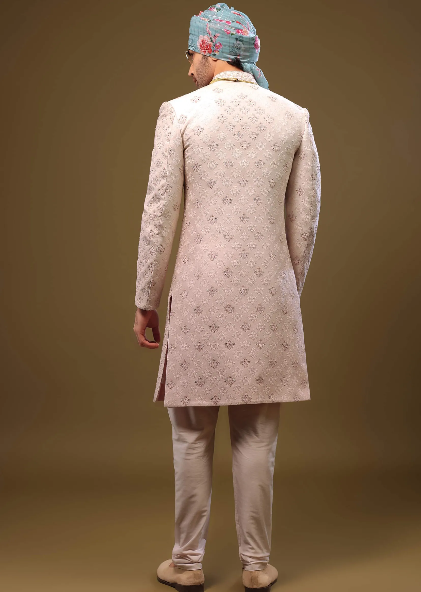 Onion Pink Lucknowi Sherwani Set With Zari And Stonework