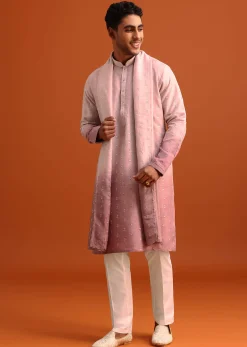 Onion Pink Ombre Kurta Set In Raw Silk With Butti Work