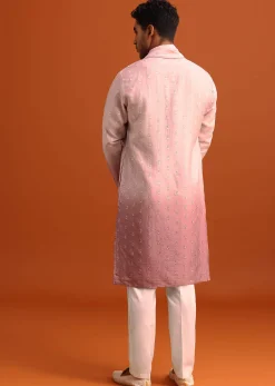 Onion Pink Ombre Kurta Set In Raw Silk With Butti Work