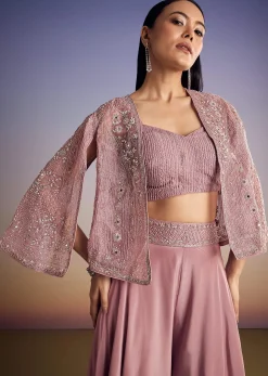 Onion Pink Organza Jacket Set With Cutdana And Beads Work