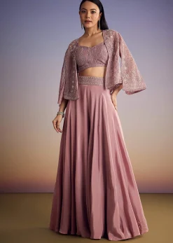 Onion Pink Organza Jacket Set With Cutdana And Beads Work