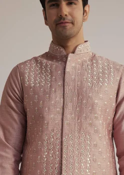 Onion Pink Raw Silk Kurta Set With Embroidered Nehru Jacket