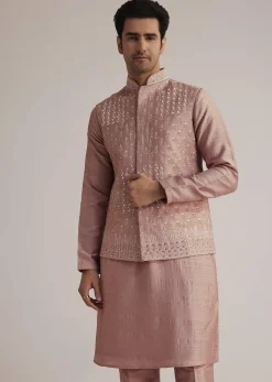 Onion Pink Raw Silk Kurta Set With Embroidered Nehru Jacket