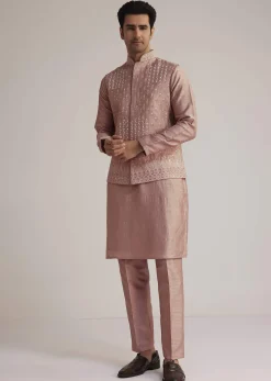 Onion Pink Raw Silk Kurta Set With Embroidered Nehru Jacket