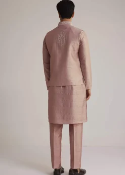 Onion Pink Raw Silk Kurta Set With Embroidered Nehru Jacket
