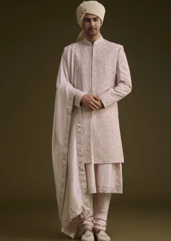 Onion Pink Raw Silk Sherwani Set With Dupatta