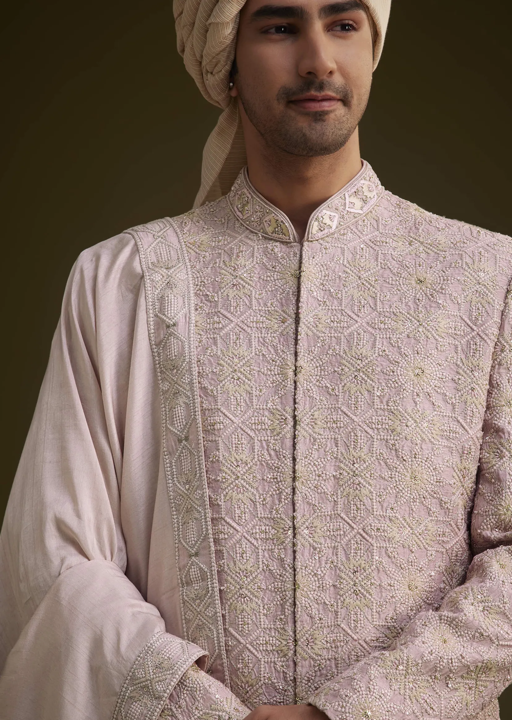 Onion Pink Raw Silk Sherwani Set With Dupatta