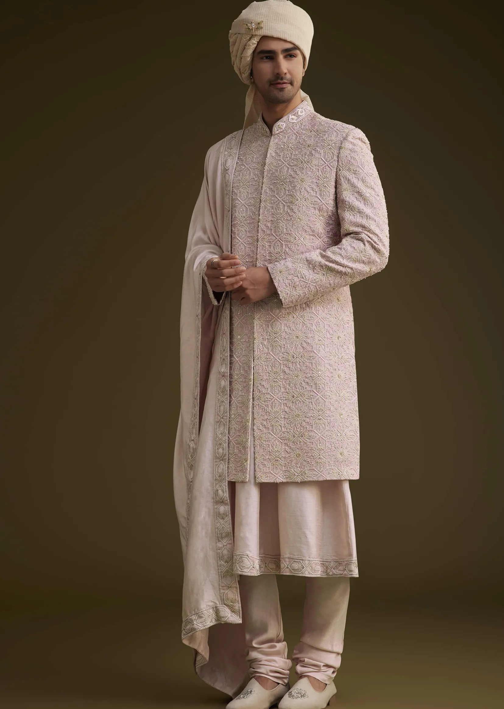 Onion Pink Raw Silk Sherwani Set With Dupatta