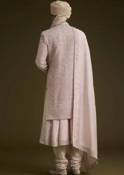 Onion Pink Raw Silk Sherwani Set With Dupatta