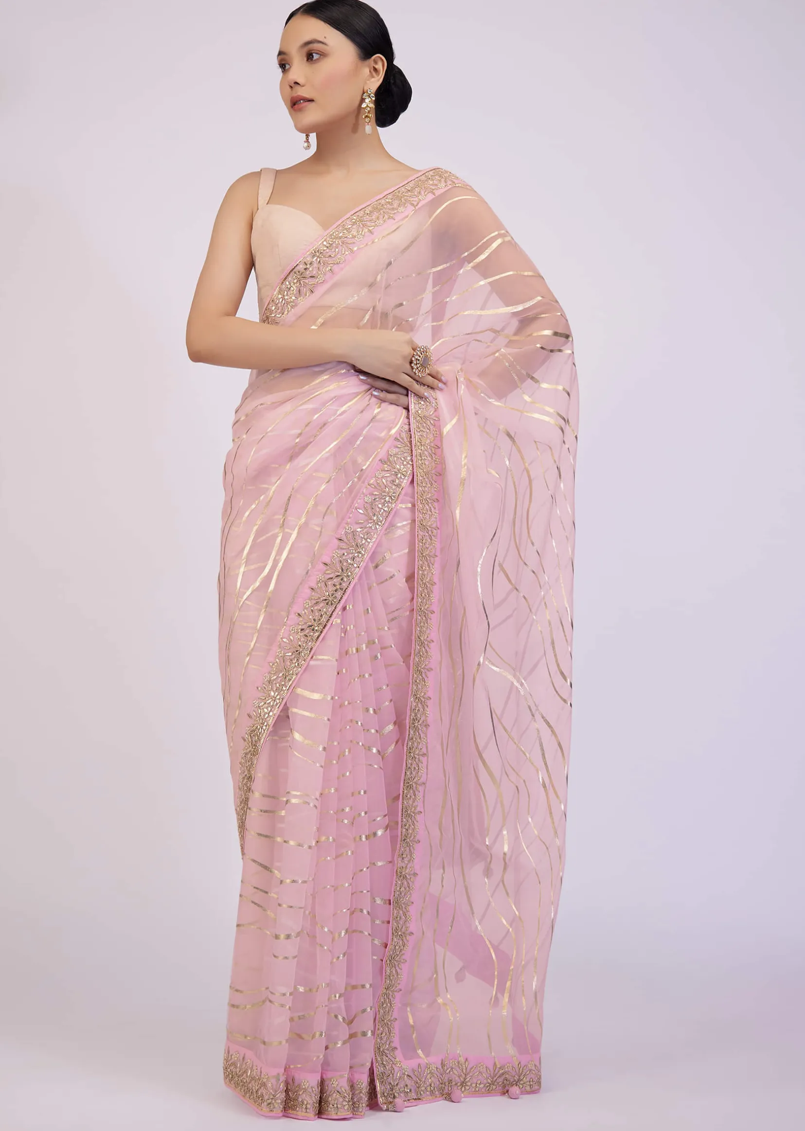 Onion Pink Saree In Organza With Foil Print And Embroidery