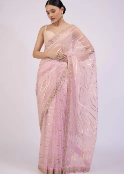Onion Pink Saree In Organza With Foil Print And Embroidery