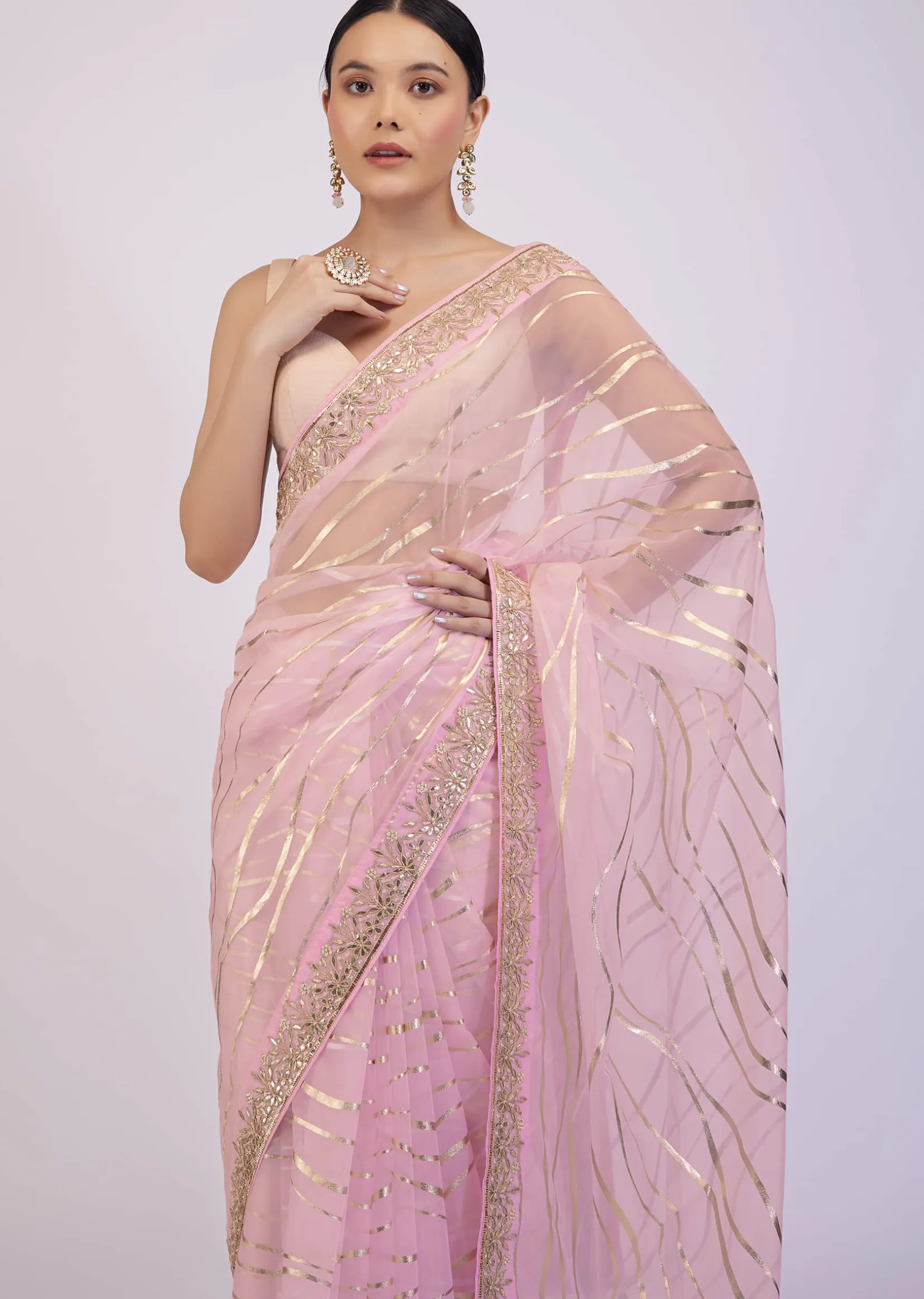 Onion Pink Saree In Organza With Foil Print And Embroidery