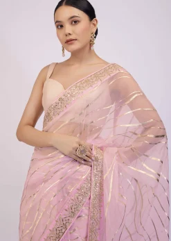 Onion Pink Saree In Organza With Foil Print And Embroidery