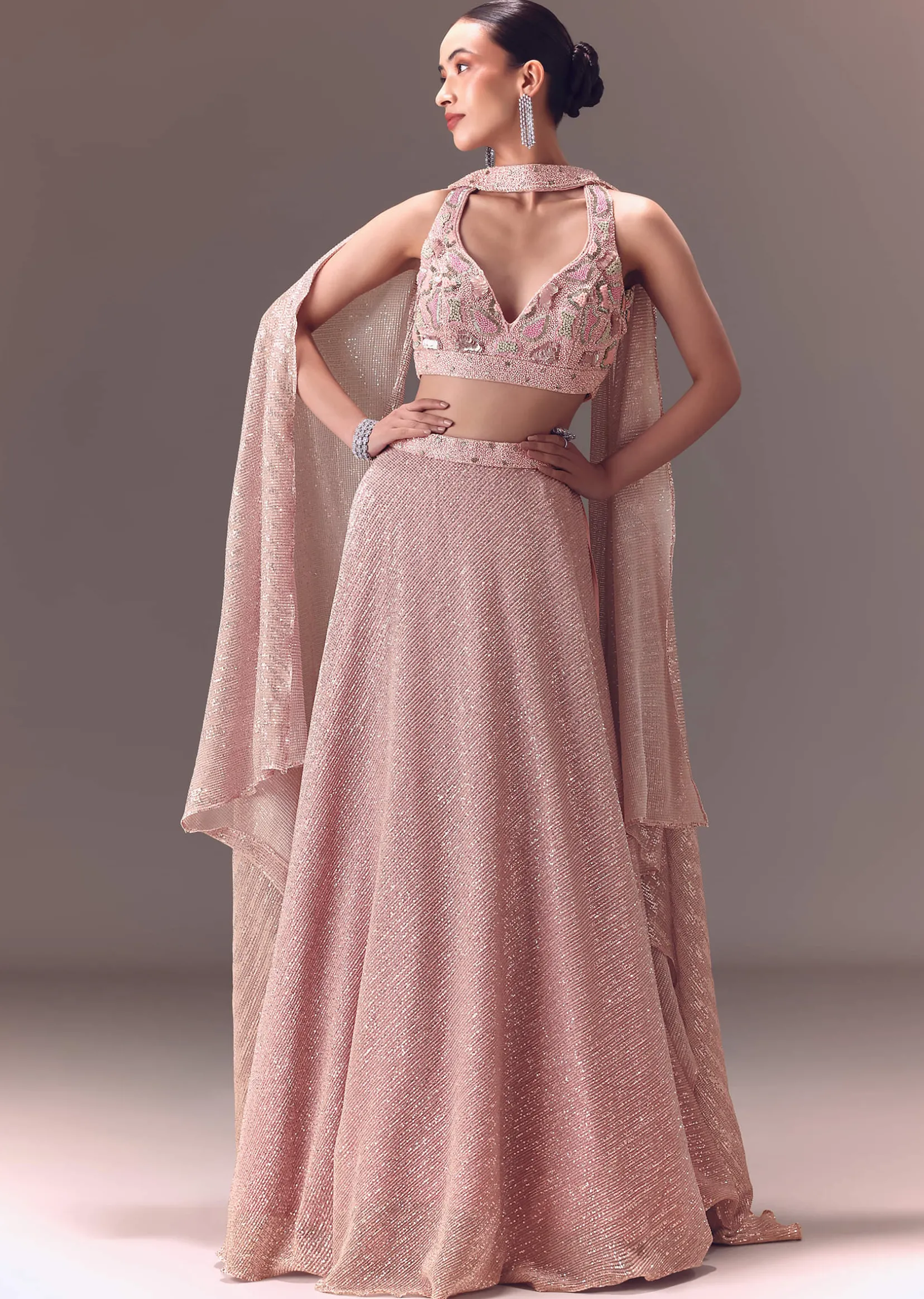 Onion Pink Sequin Embellished Lehenga Set With Choker Dupatta