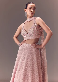 Onion Pink Sequin Embellished Lehenga Set With Choker Dupatta