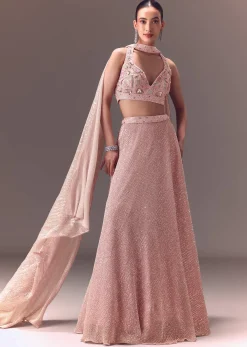 Onion Pink Sequin Embellished Lehenga Set With Choker Dupatta