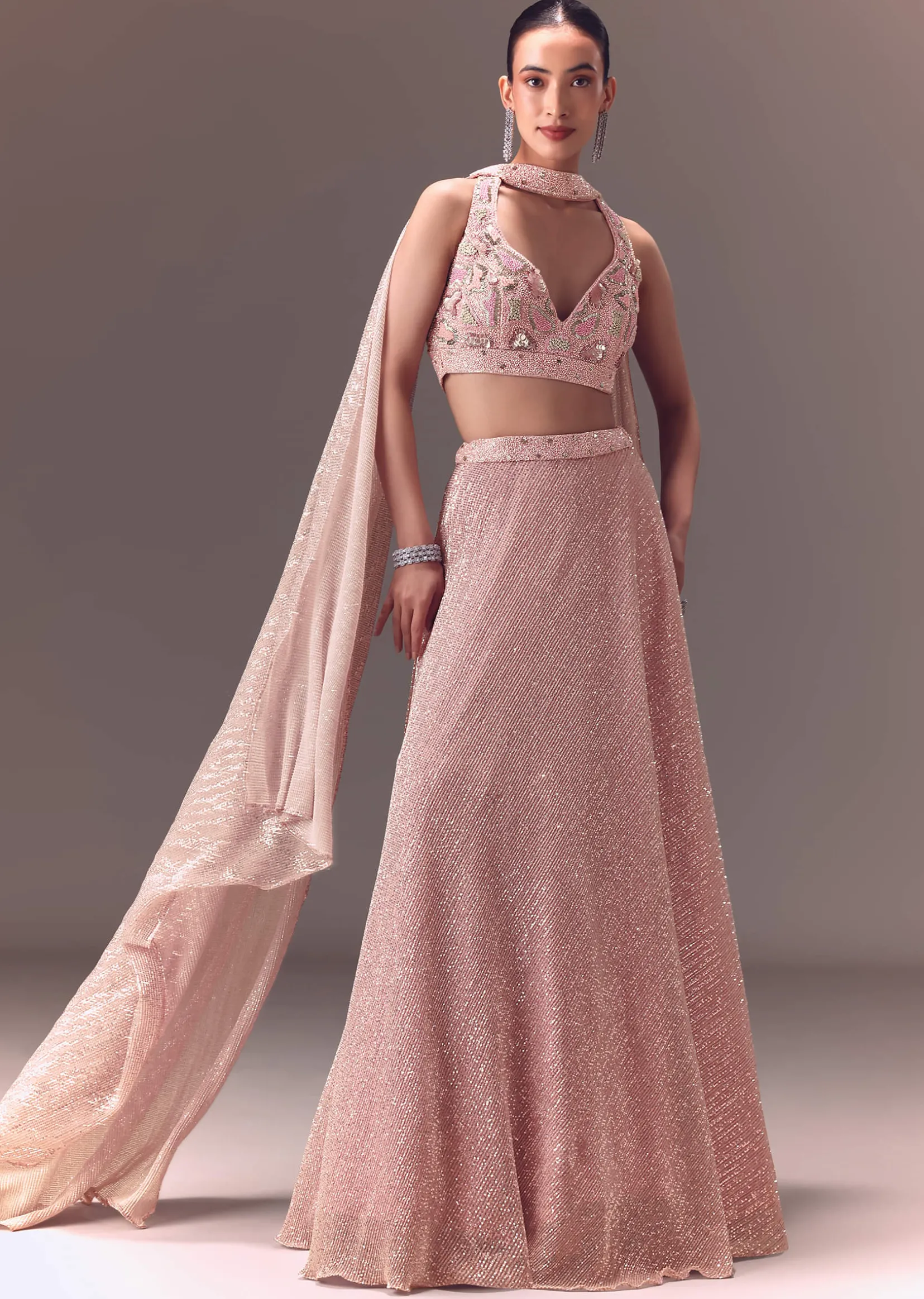 Onion Pink Sequin Embellished Lehenga Set With Choker Dupatta