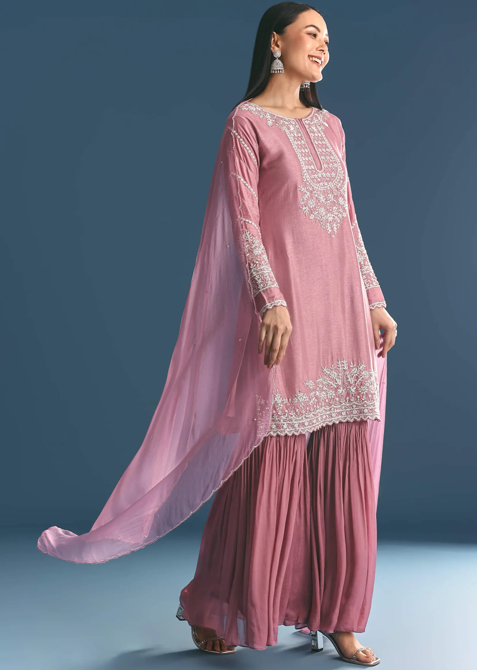 Onion pink Silk Kurta Sharara Suit With Moti Cutdana Work