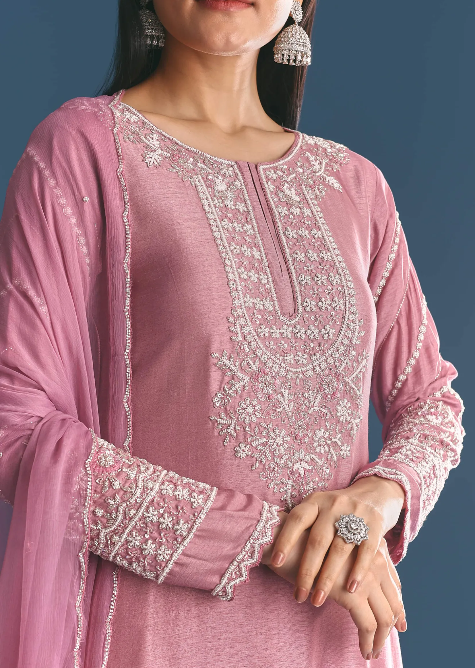 Onion pink Silk Kurta Sharara Suit With Moti Cutdana Work