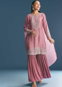 Onion pink Silk Kurta Sharara Suit With Moti Cutdana Work