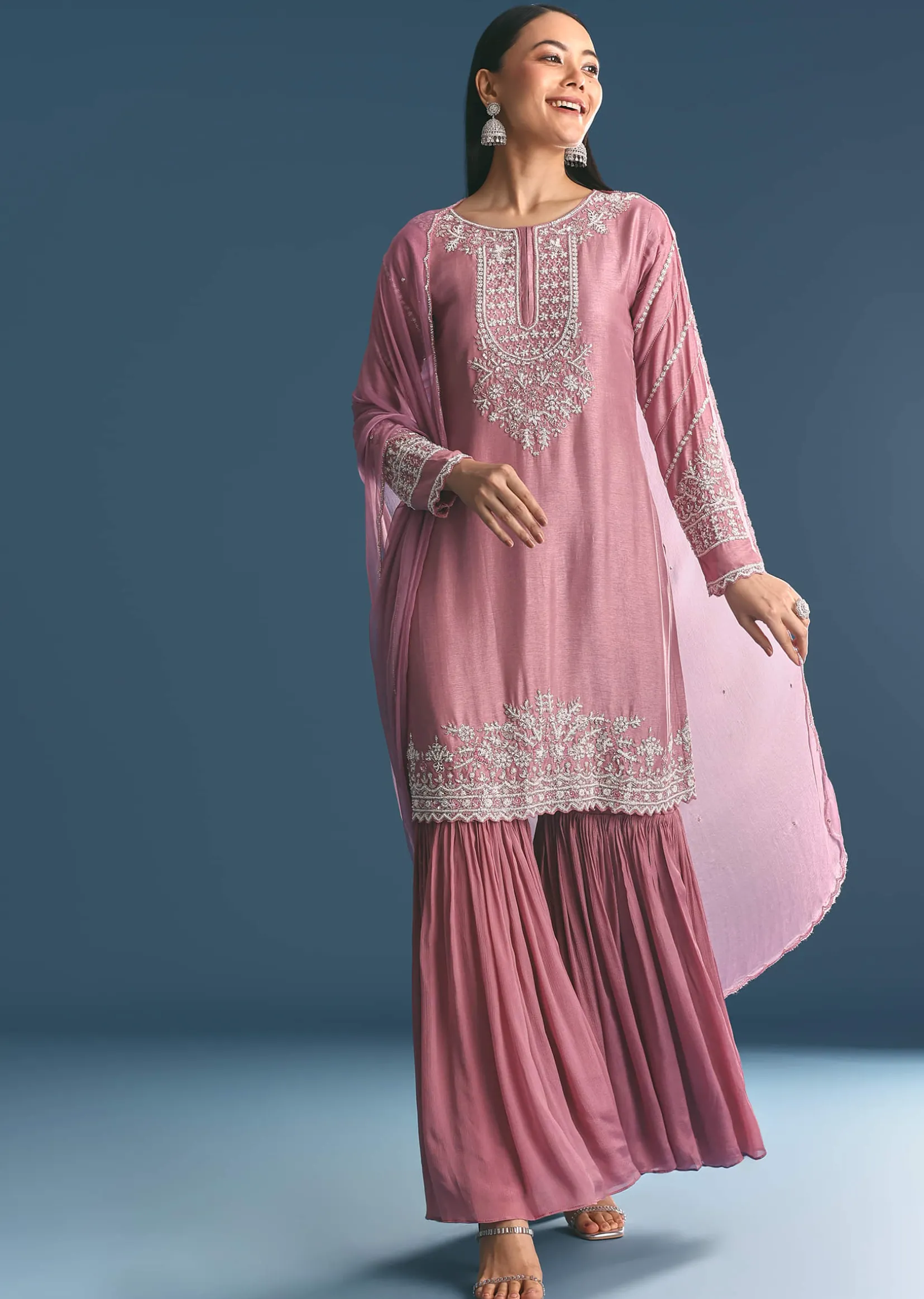 Onion pink Silk Kurta Sharara Suit With Moti Cutdana Work