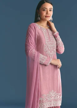 Onion pink Silk Kurta Sharara Suit With Moti Cutdana Work