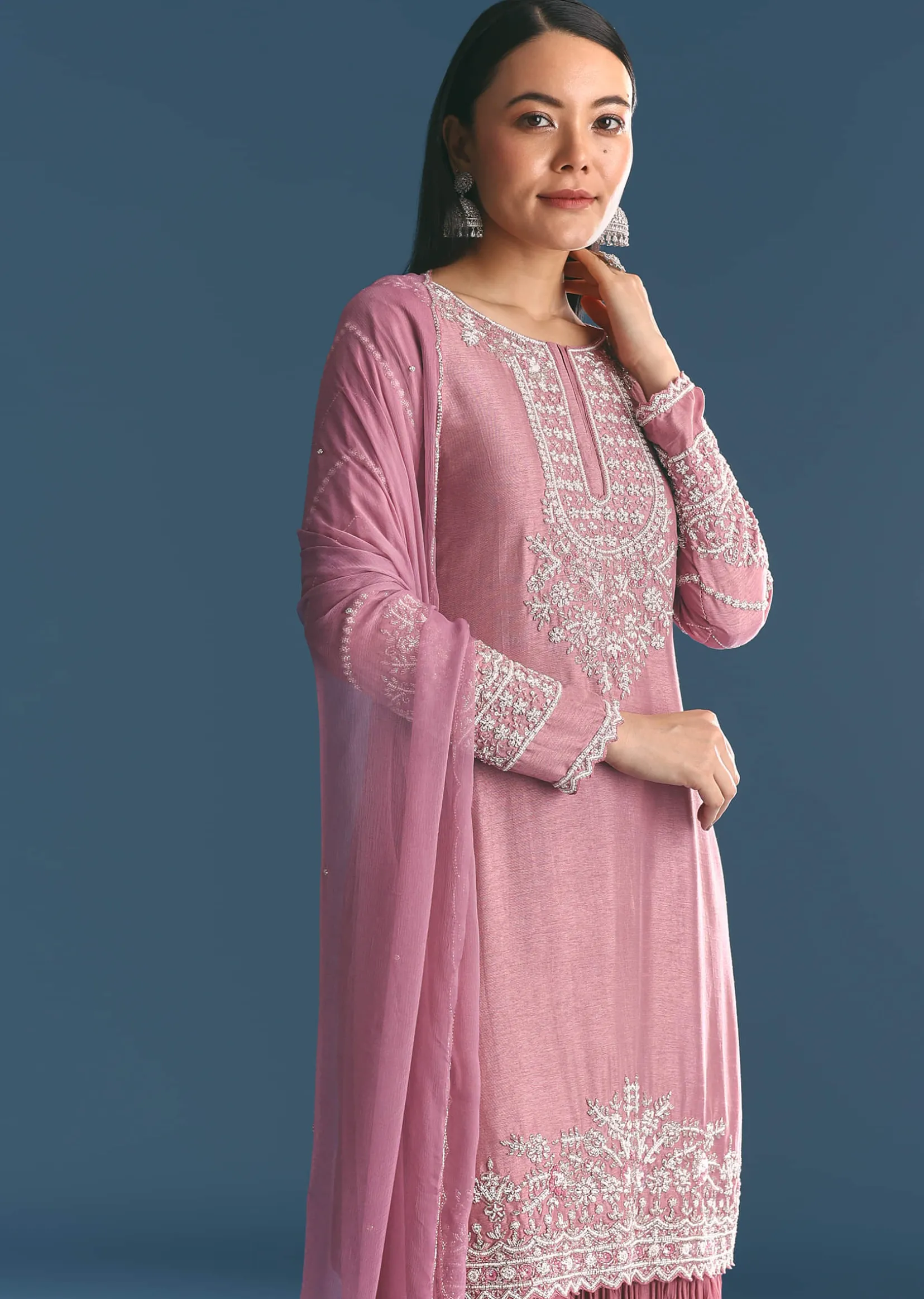 Onion pink Silk Kurta Sharara Suit With Moti Cutdana Work