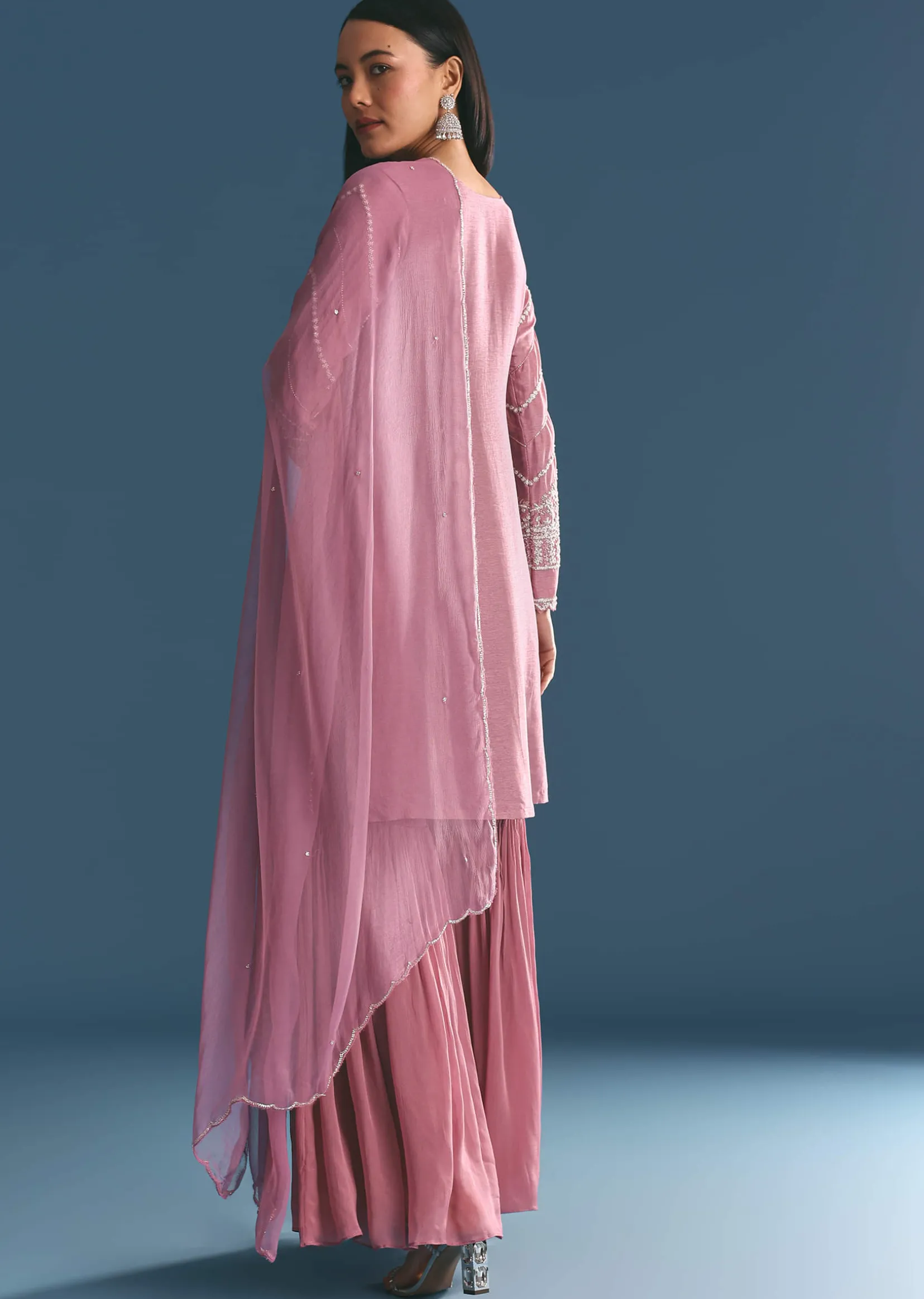 Onion pink Silk Kurta Sharara Suit With Moti Cutdana Work