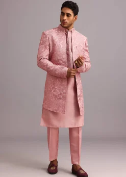Onion Pink Thread Embroidered Dola Silk Sherwani Set
