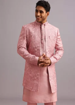 Onion Pink Thread Embroidered Dola Silk Sherwani Set