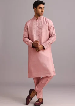 Onion Pink Thread Embroidered Dola Silk Sherwani Set