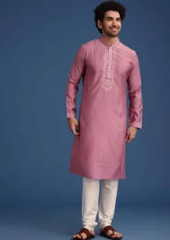 Onion Pink Thread Hand Embroidered Kurta Set