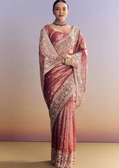 Onion Pink Tissue Saree With Detailed Floral Embroidered Border