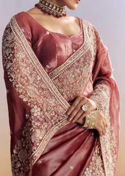 Onion Pink Tissue Saree With Detailed Floral Embroidered Border