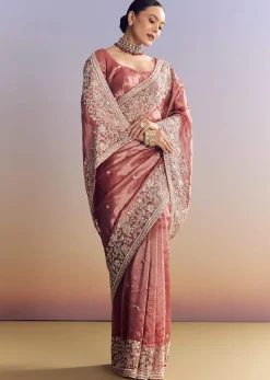 Onion Pink Tissue Saree With Detailed Floral Embroidered Border