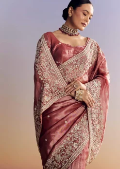 Onion Pink Tissue Saree With Detailed Floral Embroidered Border