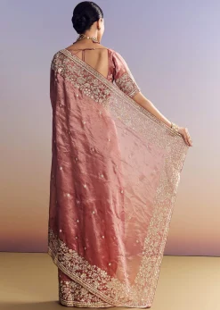 Onion Pink Tissue Saree With Detailed Floral Embroidered Border